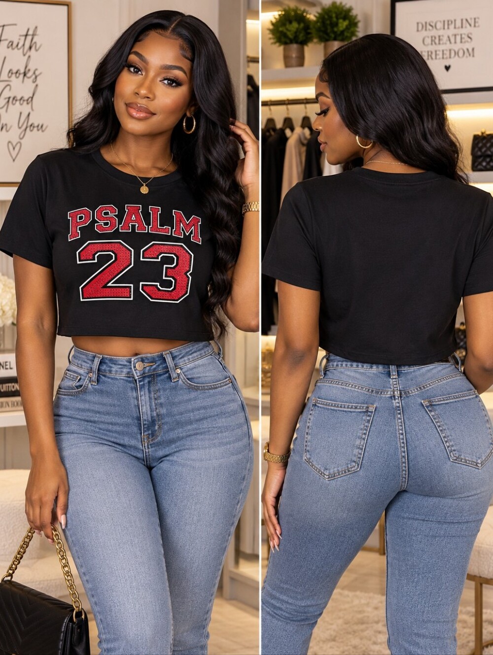 Gemstone Psalm 23 Rhinestone Bling Cropped T-Shirt Black Red Size Small